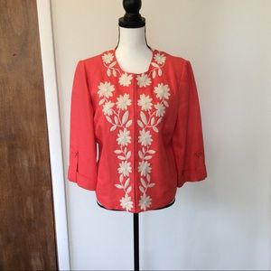 Nygard coral Linen Jacket Embroidered w/Pearls